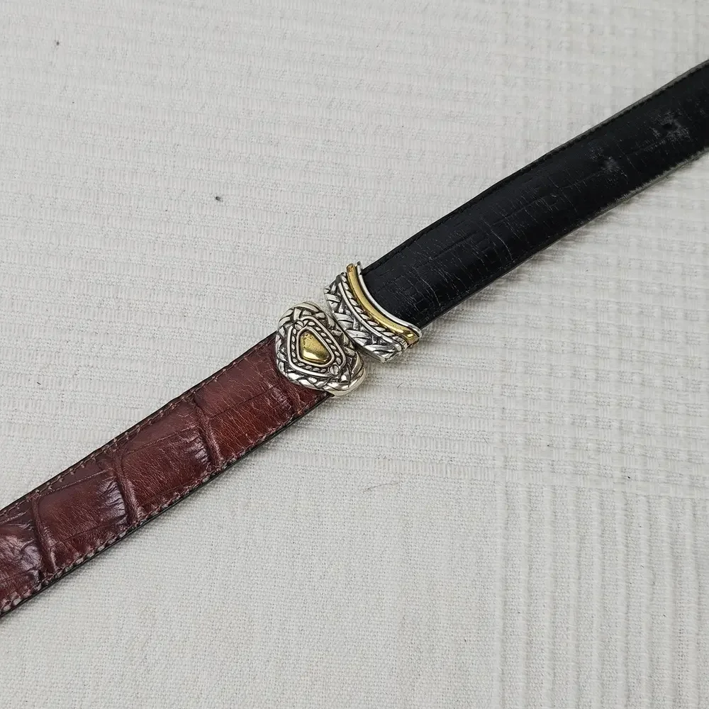 Western Flip Reversible Belt Sz 32 Black Brown Croc Embossed Leather Silver Gold